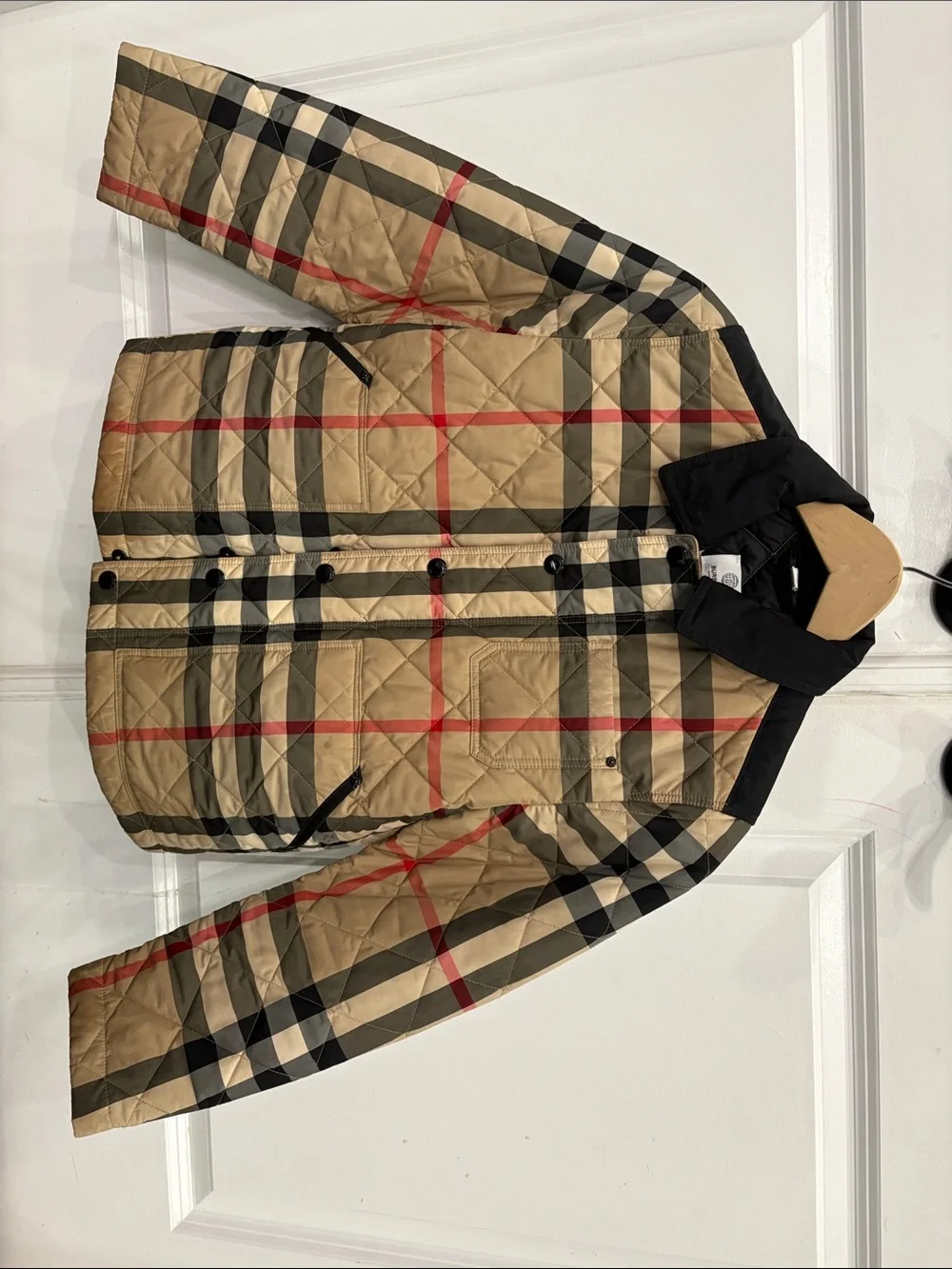 Burberry Tan Plaid Quilted Puffer Jacket with Black Collar